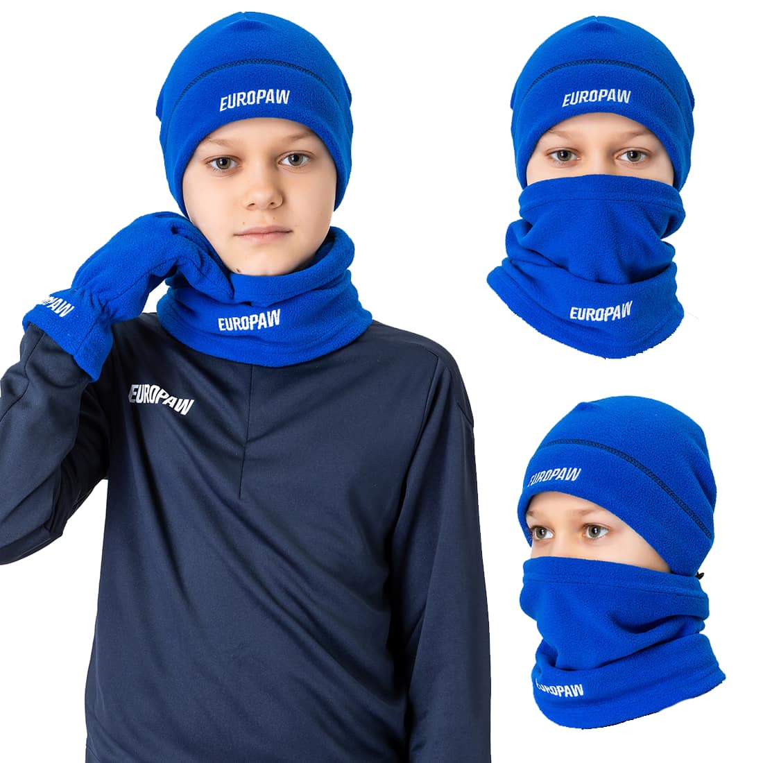 Зимовий набір EUROPAW дитячий: шапка + баф + рукавички — електрик, розмір XS–S Зимовий набір EUROPAW дитячий: шапка + баф + рукавички — електрик, розмір XS–S